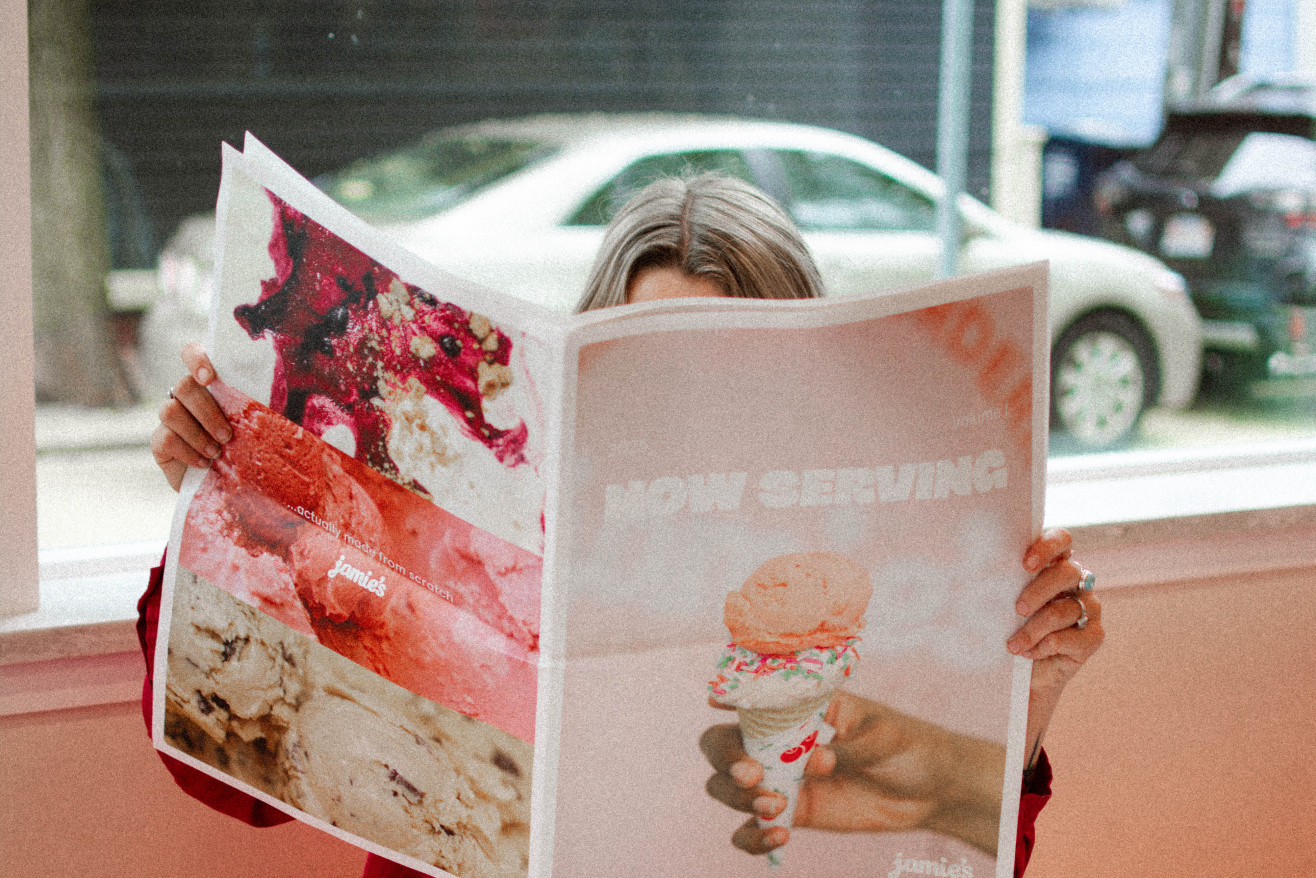 An open view of the Jamie's Ice Cream shop news print